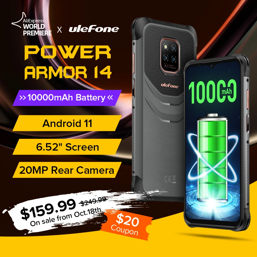 Ulefone Power Armor 14 Защищенный смартфон 10000 mAh 4ГБ RAM 64ГБ ROM Android 11 Водонепроницаемый 6.52“