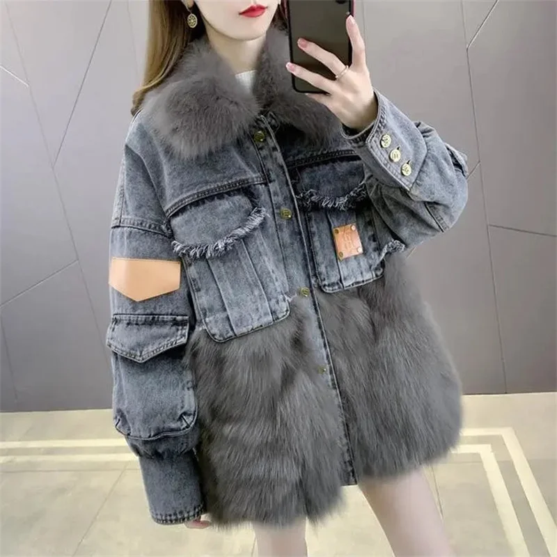 2022 Popular Autumn Winter New High-End Imitation Fox Fur Jacket Female Denim Fashion Stitching Parker Down Cotton Jacket Spring