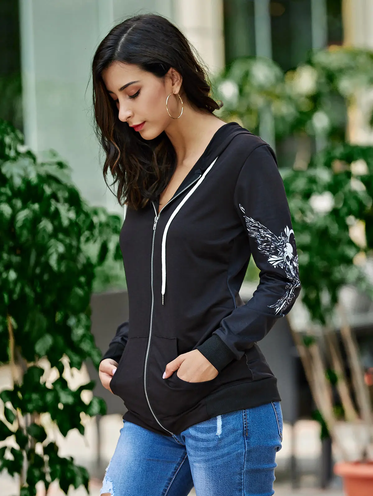 

Skull Wings Print Gothic Zip Up Hoodie Halloween Hoodies Sweatshirt Lace-Up Coat Punk Style Casual Hooded Pullover Top