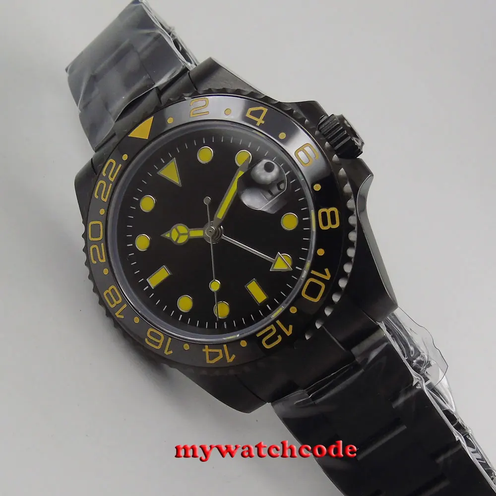 40 мм Bliger черный циферблат PVD GMT керамический сапфировый Кристалл Автоматические SS