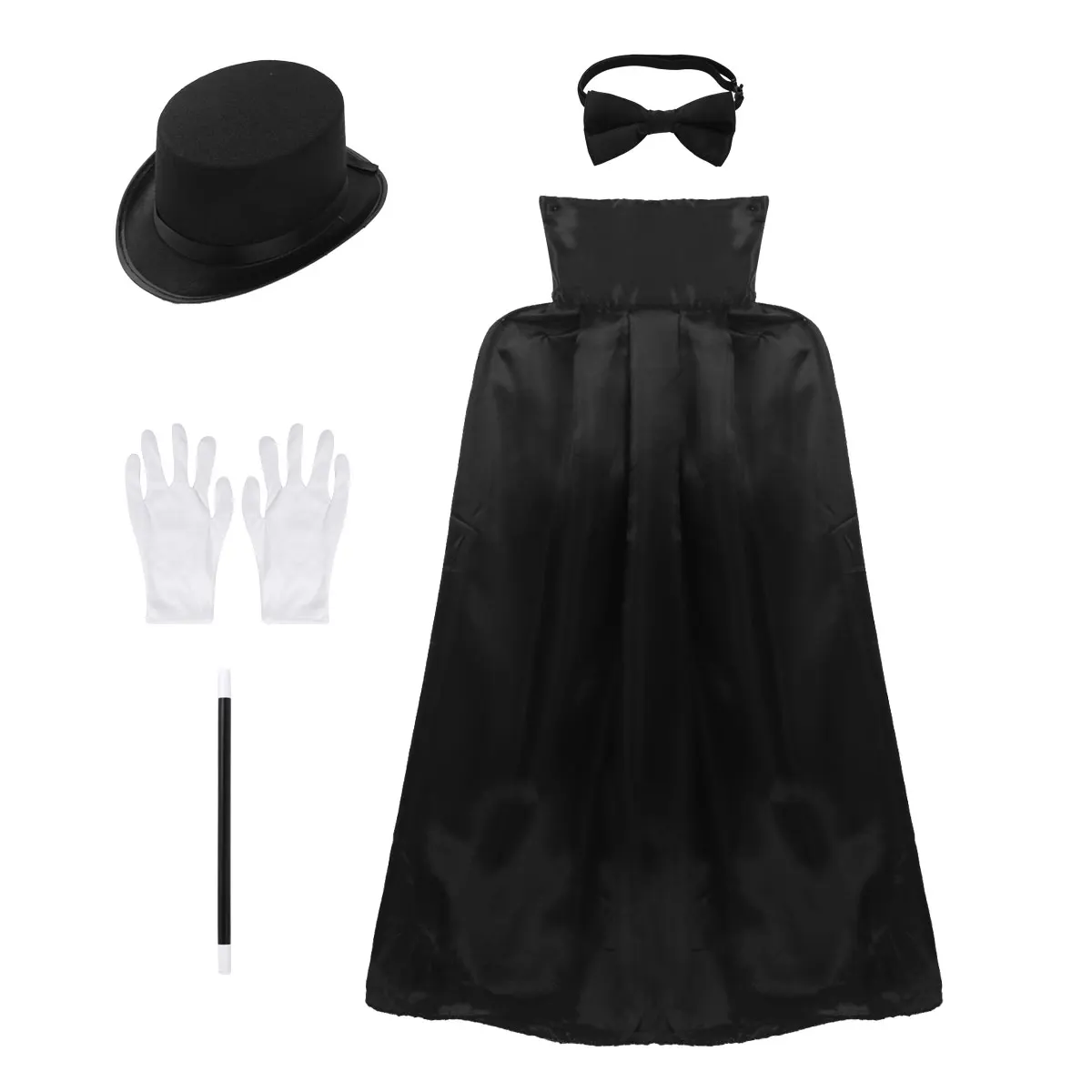 

5Pcs Kids Boys Girls Magician Role Play Costume Outfit Cape Hat Magic Wand Gloves Necktie Set for Halloween Cosplay Dress Up