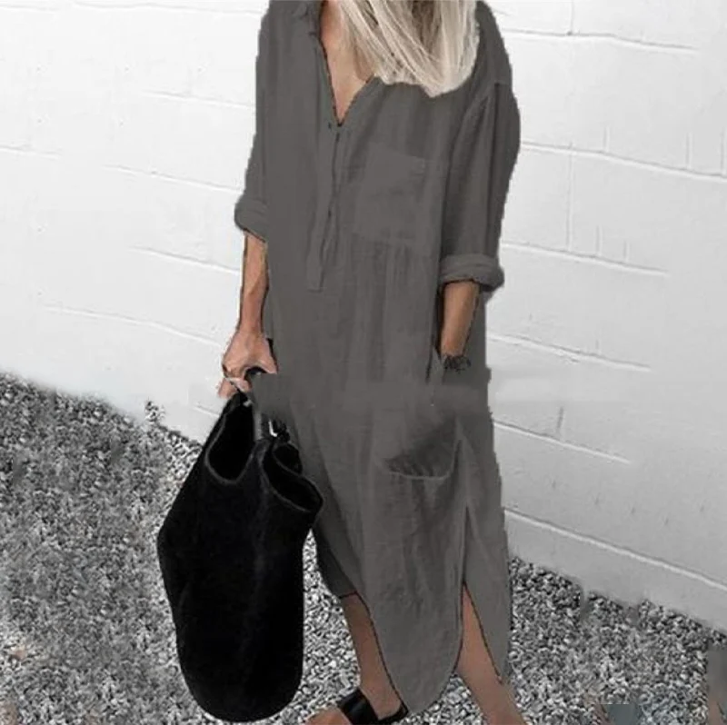 

Women Solid Casual Midi Dress Long Sleeve Turn Down Collar Side Split Asymmetric Dresses Lady Summer Simple Style Plus Size 5xl