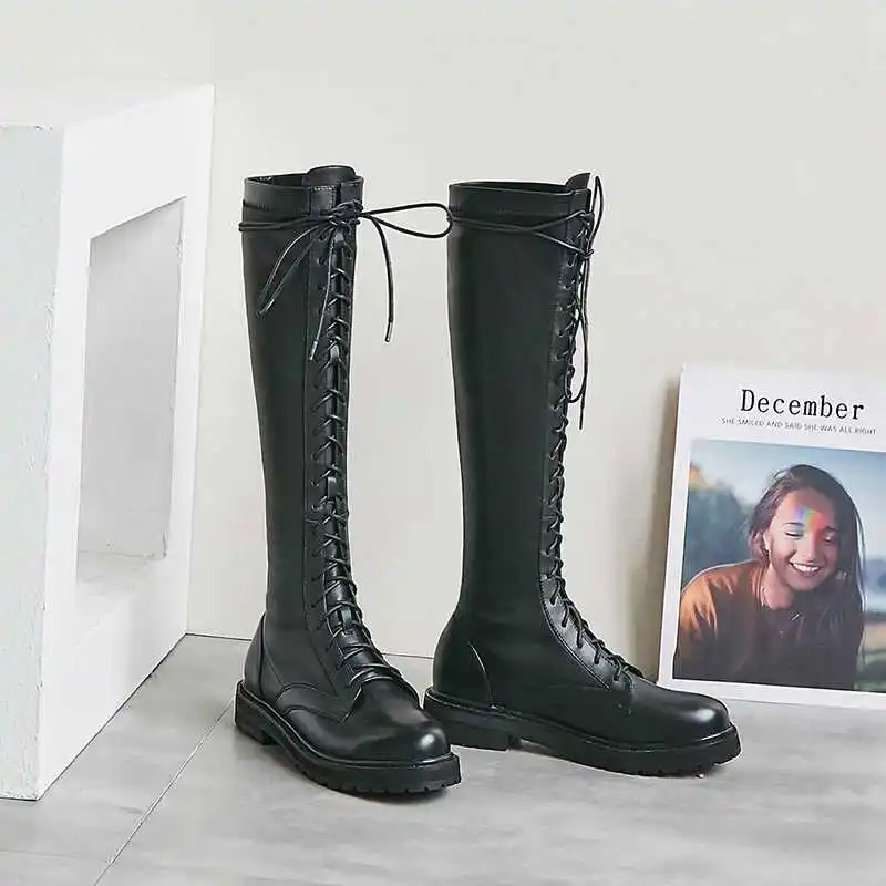 

krazing pot leisure style thick bottom cow leather lace up fashion boots round toe fashion keep warm women thigh high boots L12