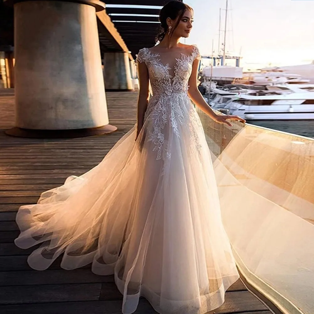 

Vestido De Novia 2021 Boho Beach Wedding Dress O-Neck Lace Appliques Top Vintage Princess Wedding Gown Cap Sleeve Simple Bride