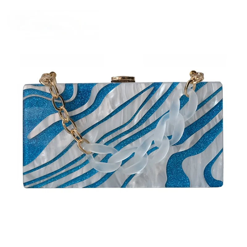 

Fashion New Designer Women Acrylic Luxury Evening Bag White Pearl Handle Striped Handbag Woman Casual Blue Box Clutch Purse