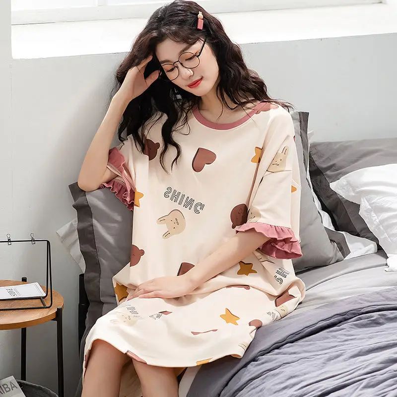 Women's Nightdress Summer Short-sleeved Cotton Cute Plus Size Loose Pajamas Soft and Comfortable Ladies Home Service Sleepwear