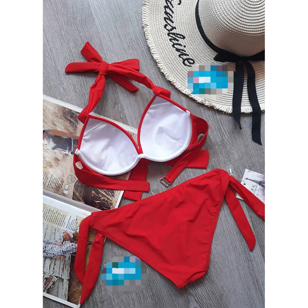 

Swimwear Women Halter Bikini 2020 Summer Sexy Red Black Solid Swimsuit Push Up Padded Underwire Swim Suits Bandage Bathing Suits