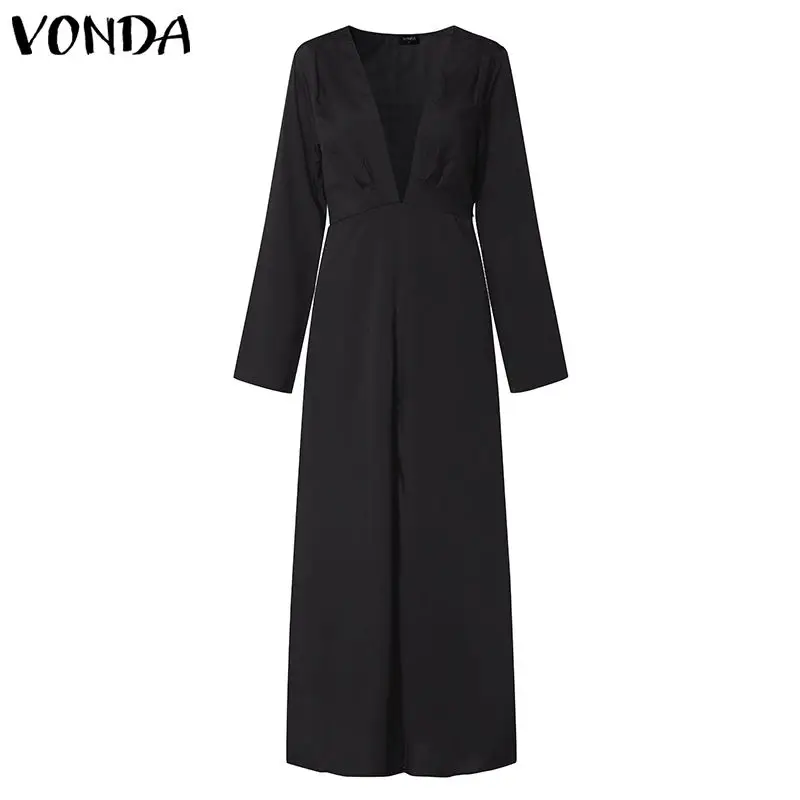 black Женское летнее платье размера плюс, VONDA, винтажный комбинезон, сексуальный глубокий v-образный вырез, сарафан, ночные вечерние платья, повседневное платье, Femme 5XL - Цвет: black