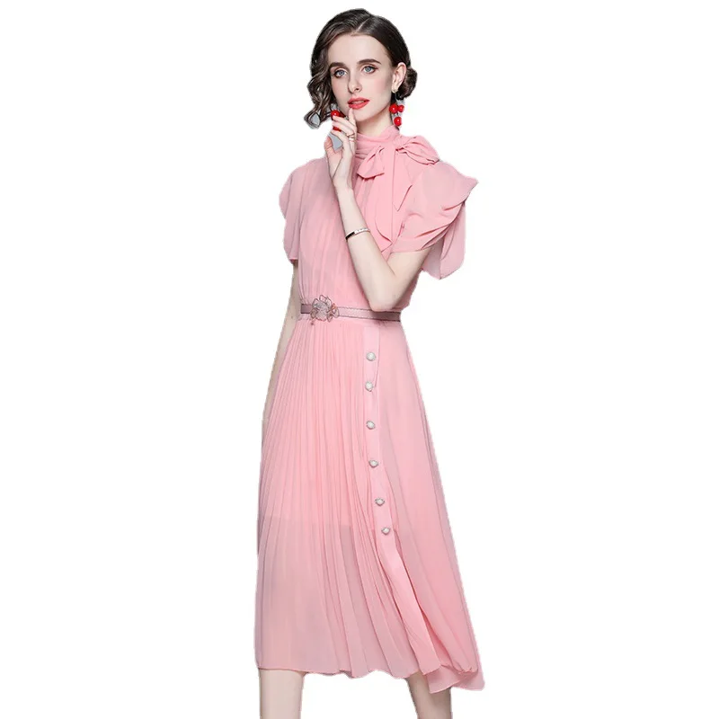

2021 spring and summer new lady temperament waist slimming chiffon pleated skirt mid-length dress