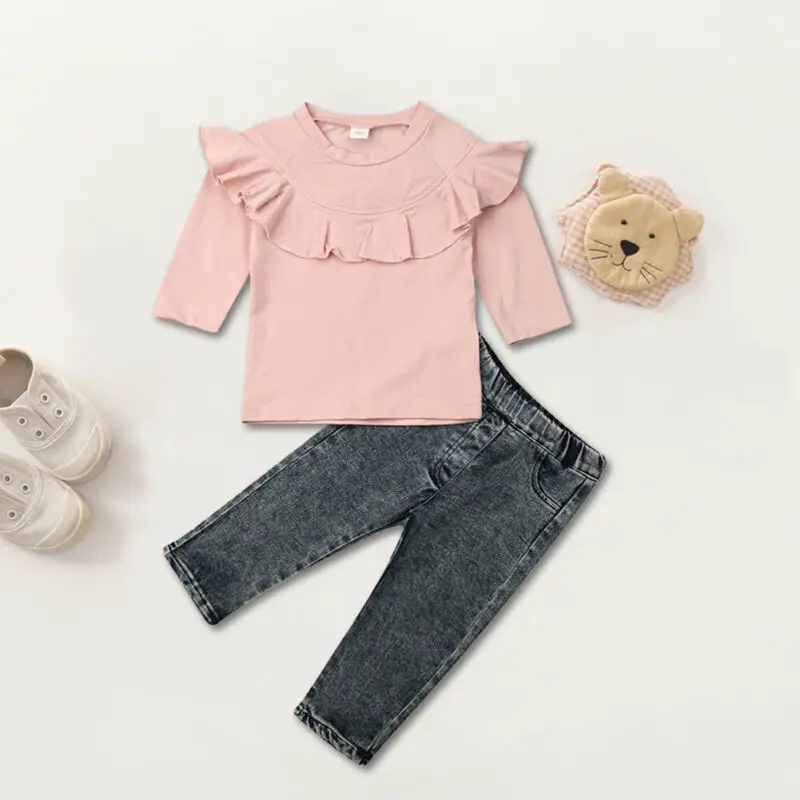 

New Fashion Kids Newborn Baby Girl Cotton long Sleeve Denim Trousers Autumn Winter Clothes 2PCS