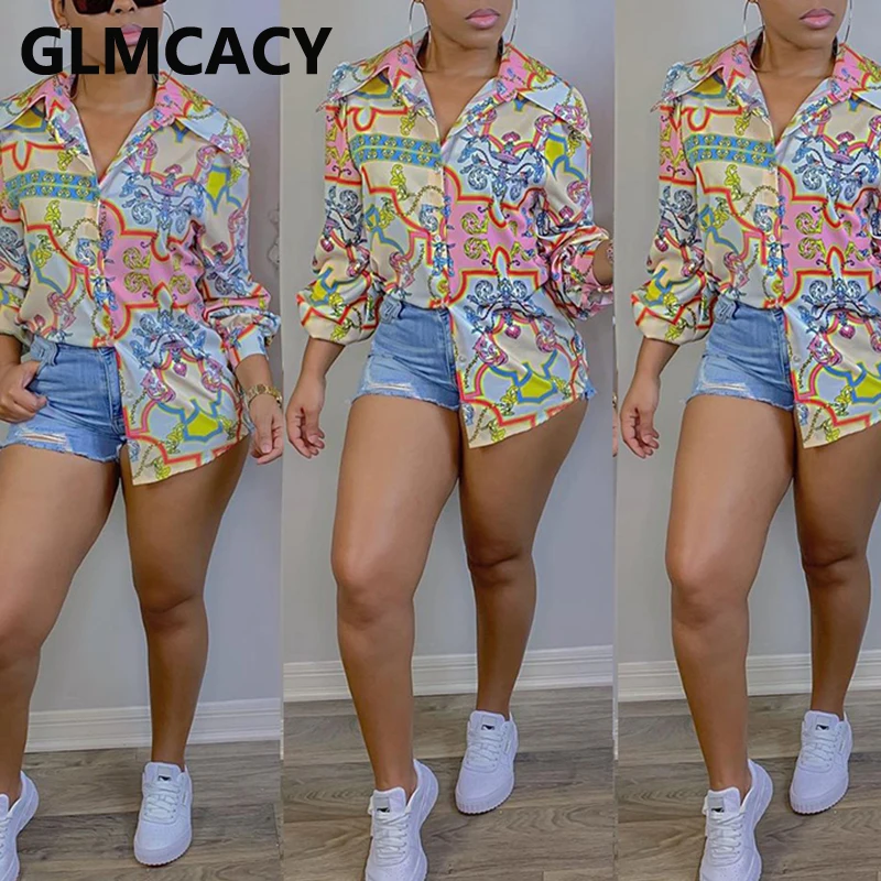 

Women Turn Down Collar Printed Button Down Top Shirt