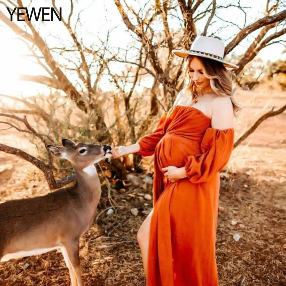 

Off Shoulder Maternity Dresses for Photo Shoot Long Flare Sleeves Side Slit Pregnancy Dress Cotton Maxi Dress YEWEN