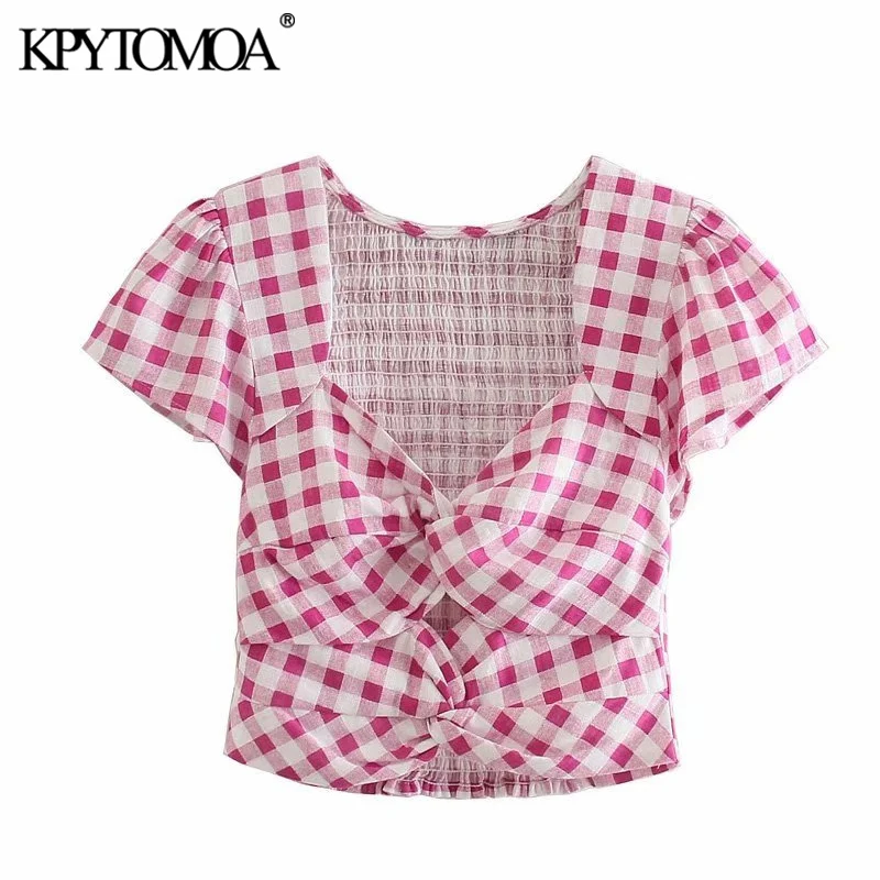 

KPYTOMOA Women 2021 Fashion Hollow Out Check Cropped Blouses Vintage Short Sleeve Back Elastic Female Shirts Chic Tops