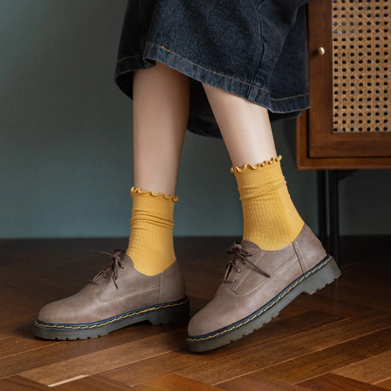 

Instime 4 пар/лот, одноцветные носки для обжима, женские носки средней длины, милые женские носки с оборками