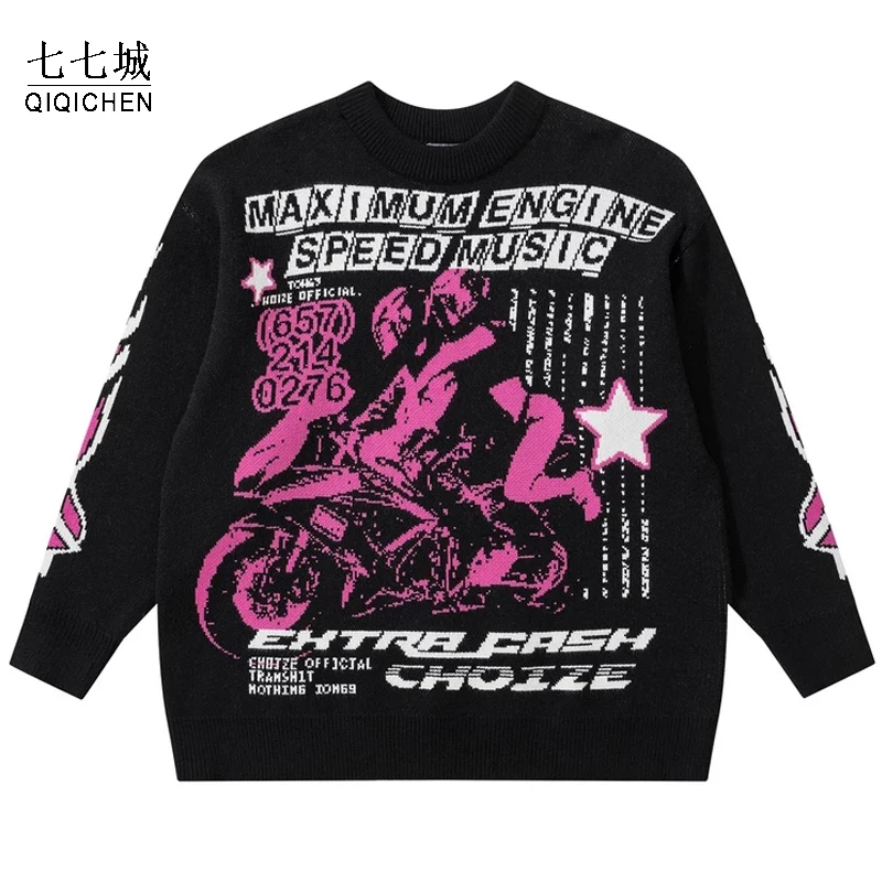 

Anime Knitting Sweater Men Sexy Motorcycle Girl Letter Sweatshirt Punk Gothic Hip Hop Sweaters Street Knitted Harajuku Pullover