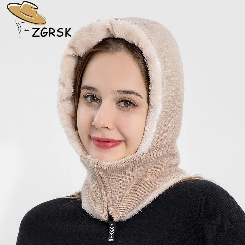 

Luxury Plus Velvet Women Beanies Hats High Quality Wool Keep Warm Ladies Hat Fashion Solid Zipper Mask Windproof Female Caps