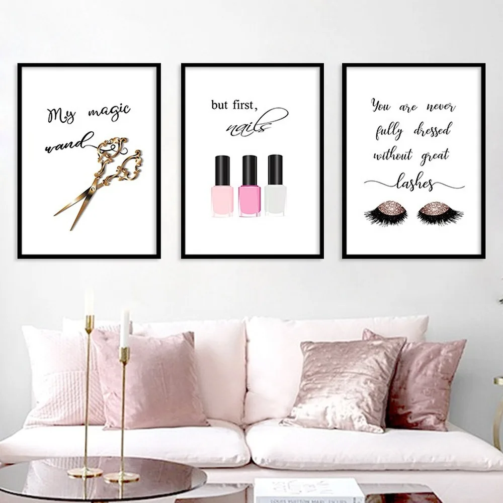 

Scissors Nail Polish Eyelashes Canvas Painting Nordic Simple Fashion Posters Hair Salon Beauty Shop Wall Art Painting Wallpaper