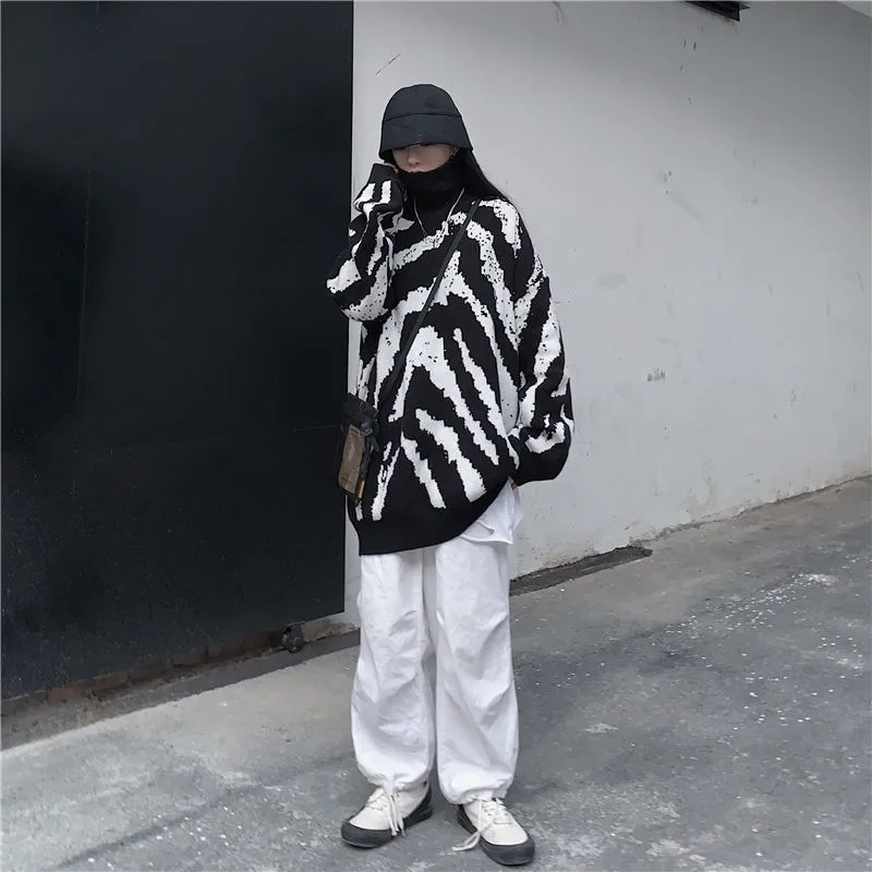 

Pullovers Women Zebra Couple Turtleneck Sweaters Stylish Warm Loose BF Chic Knitted Leisure Student Street Style Korean Unisex