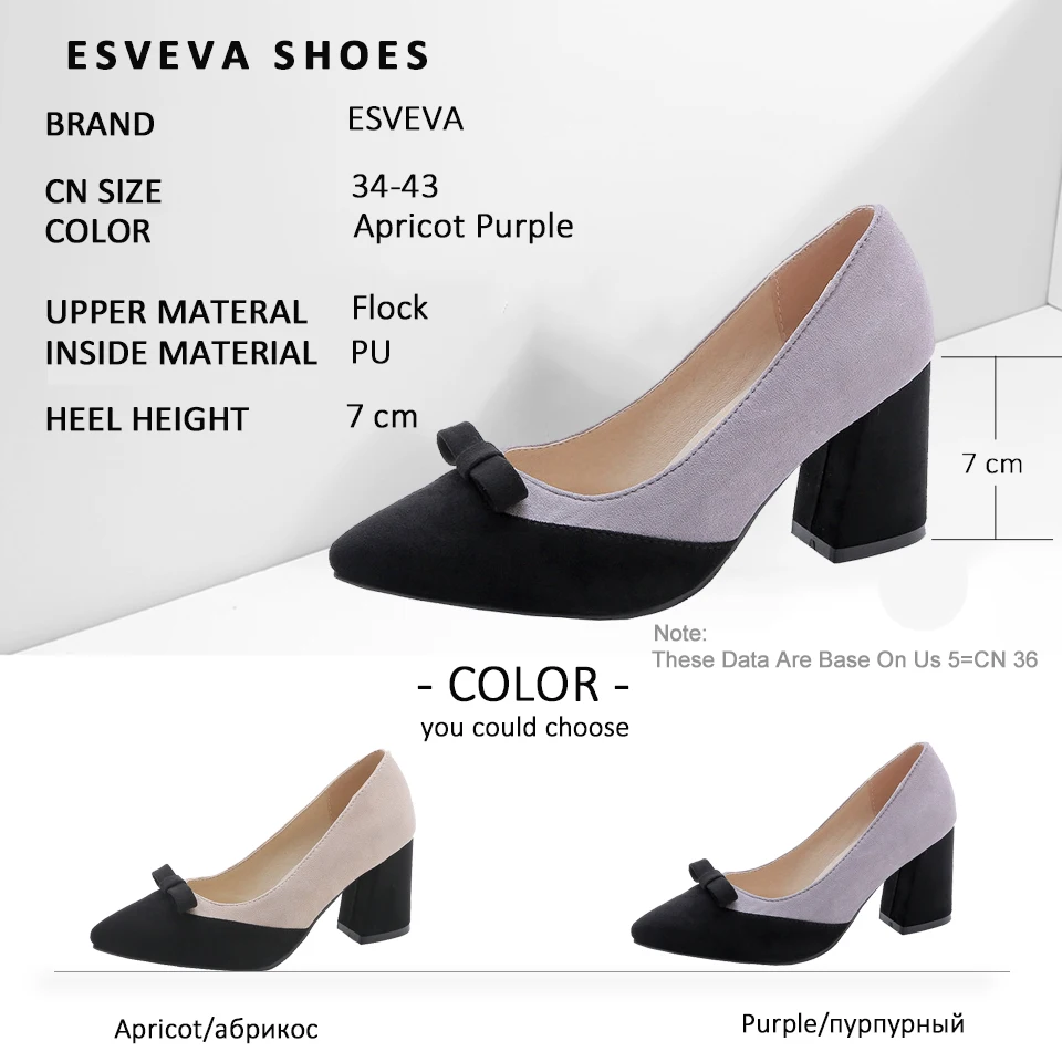 

ESVEVA 2019 Women Pumps Slip on Butterfly-knot Shoes Square High Heels Sandals Spring Autumn Pointed Toe Women Shoes Size 34-43
