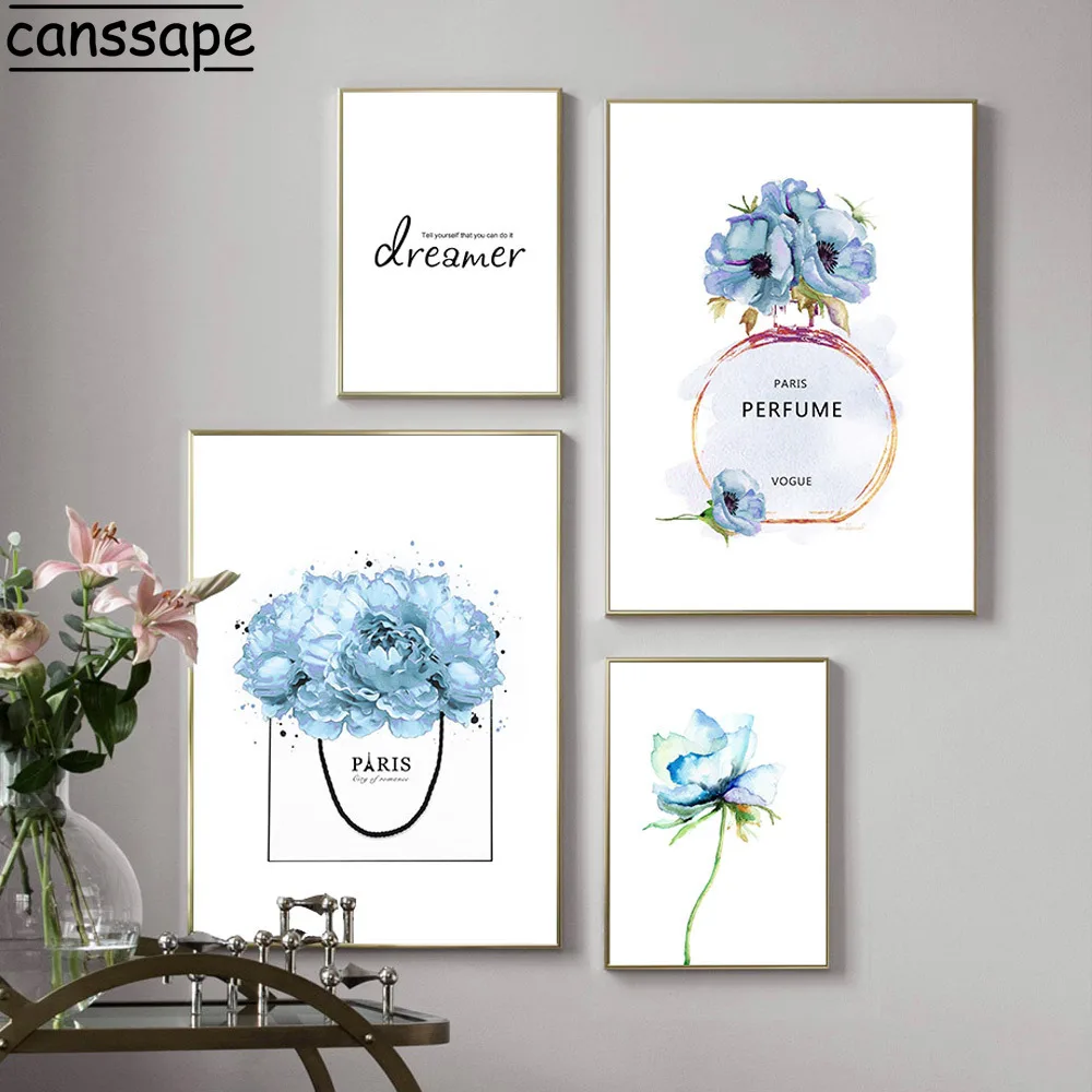 

Perfume Poster Canvas Painting Blue Wall Art Poster Parfum Flower Art Print Nordic Canvas Modern Wall Pictures For Bedroom Decor