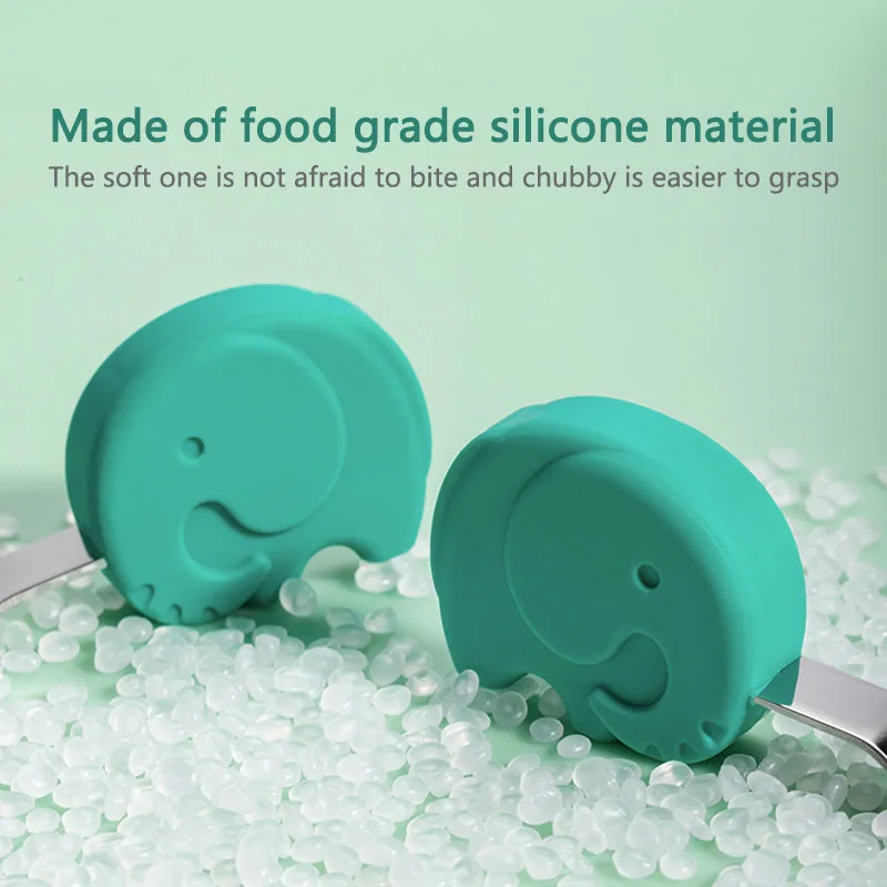 

2-Piece Set Baby Feeding Spoon+Fork Set Short Handle Silicone+Stainless Steel Baby Feeding Spoon+Fork Training Tableware