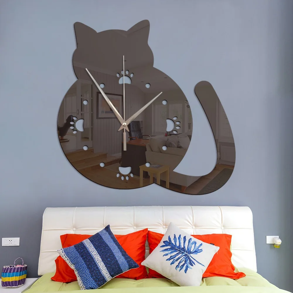 

GZ110 cat cat paw mirror wall clock mute DIY clock modern living room bedroom home mirror decoration