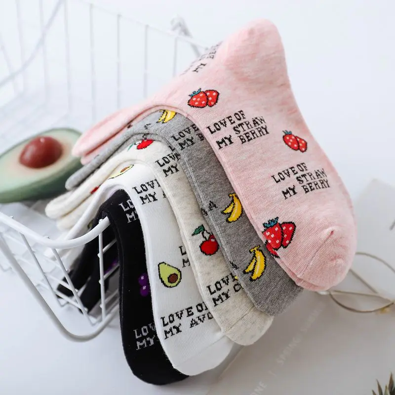 5 pairs Cartoon Cotton Socks Avocado Strawberry Banana Cherry Street Skate Sox Pink White Ankle Short Funny Women Boat Socks