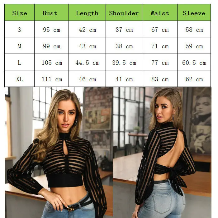 

Sexy Womens Backless Mesh See Through Long Sleeve Crop Top Shirts Ladies Slim Casual Blouse Tops