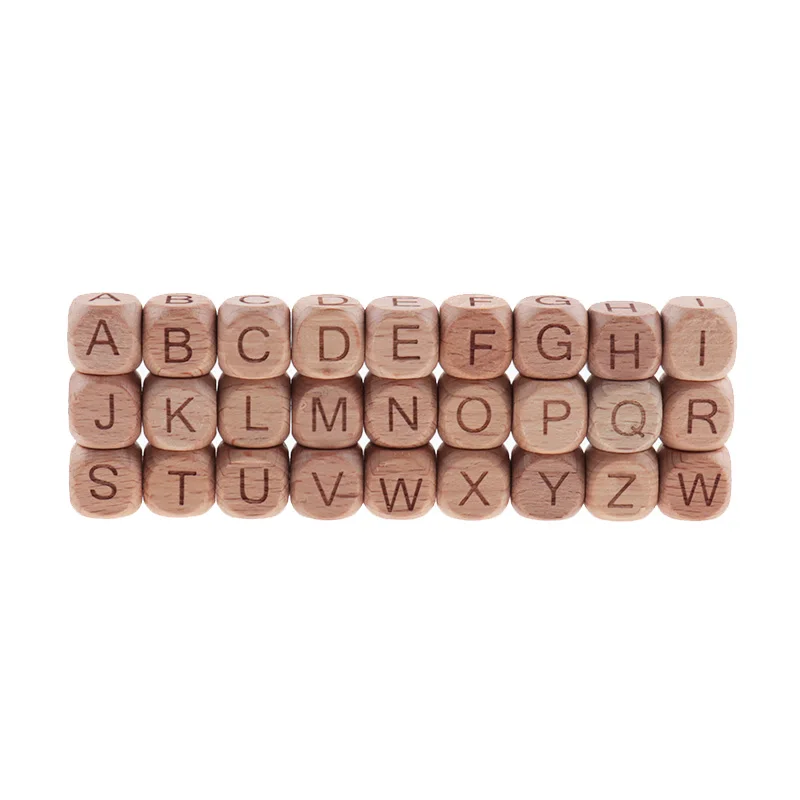 Cuentas de madera de haya para ni&ntilde;os, abalorios de 12MM con letras para morder, manualidades, juguetes de dentici&oacute;n, alfabeto, 200 piezas-5