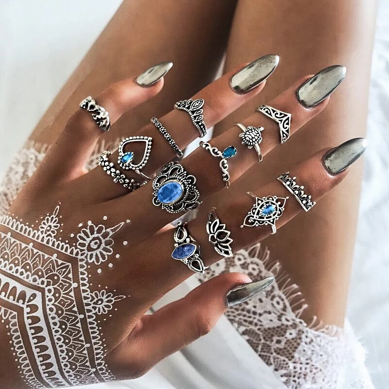 

Boho Crown Set of Rings Women's 2021 Trend Jewelry Teens Vintage Gifts Accessories Girls Gothic With Stone Opal Bijou On Phalanx