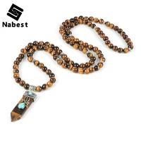 women men natural stone tiger eye turquoises opal quartz necklace 108 male beaded stand reiki hexagonal pendant 8mm bead jewelry