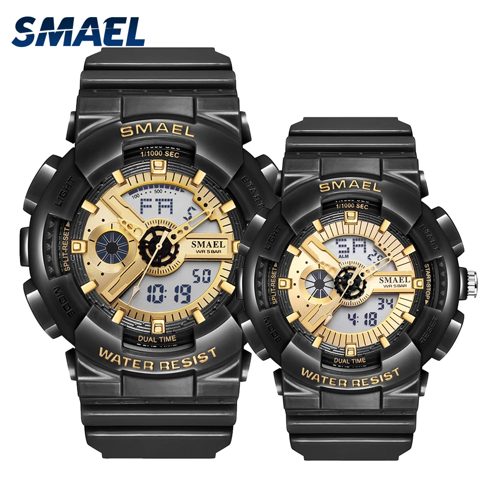 Часы Наручные Пара Спортивные водонепроницаемые светящиеся чёрные и золотые для