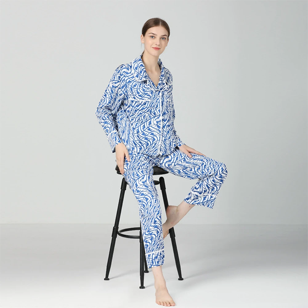 

Maison Gabrielle Geommetric Pattern Printed Pajamas Set Loungewear Sleepwear for Women 2Pcs Long Sleeves 3 Colors Pyjama Femme