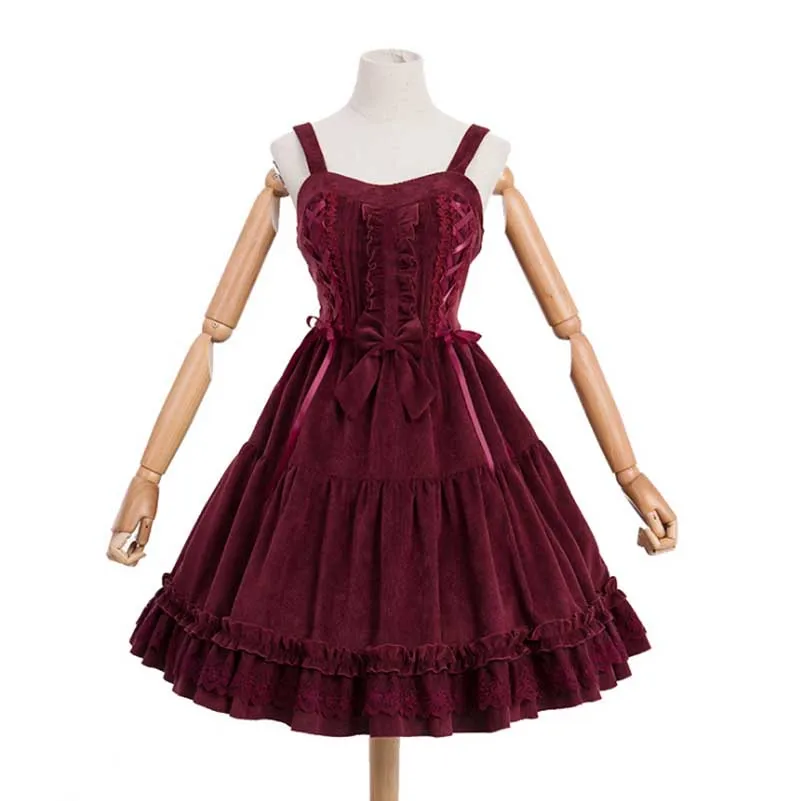 Red Dress Готическое платье в стиле Лолиты, женское винтажное приталенное вельветовое платье с высокой талией и бантом, с накидкой для девушек, большие размеры - Цвет: Red Dress