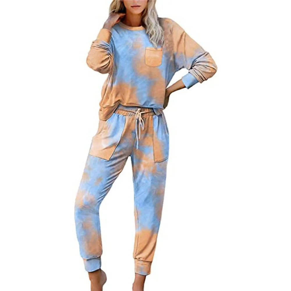 

Donsignet Fashion Women's Suit New Spring Casual Round Neck Pullover Tie-dye Sweater Regular Trousers Home Two-piece Suit