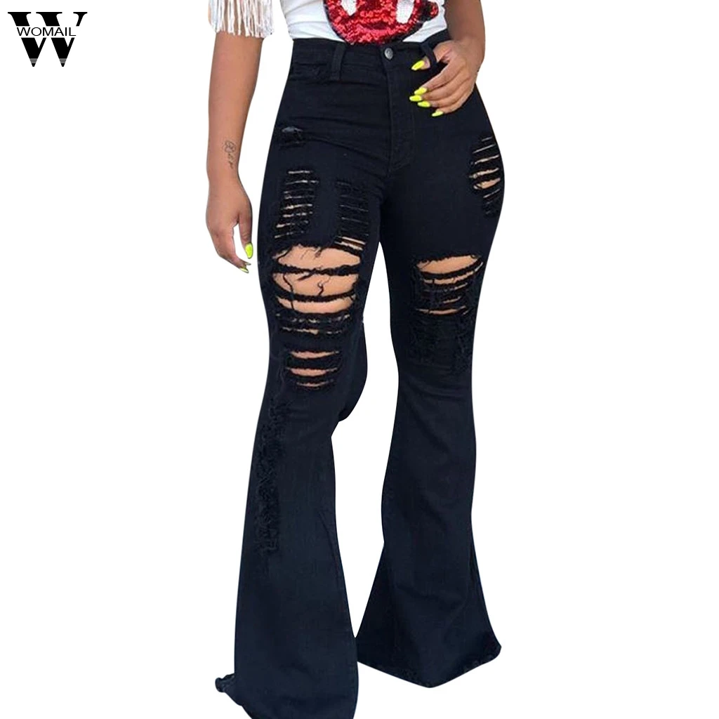 Фото Womail 2019 Высокая талия расклешенные джинсы черные женские рваные с колокольчиком