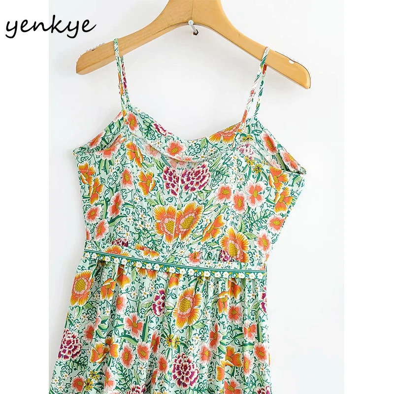 

YENKYE Floral Print Sexy Sling Jumpsuit Women Sleeveless With Belt Holiday Casual Boho Romper Summer Long Overalls monos mujer