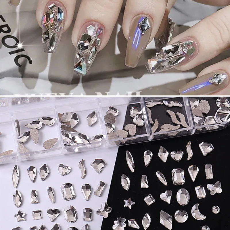 

12 Girds Nail Shaped Drill Rhinestones Mix Size Crystal Drop Rhombus Arrow Colorful Flatback Stones 3D Gems Nails Art Decoration