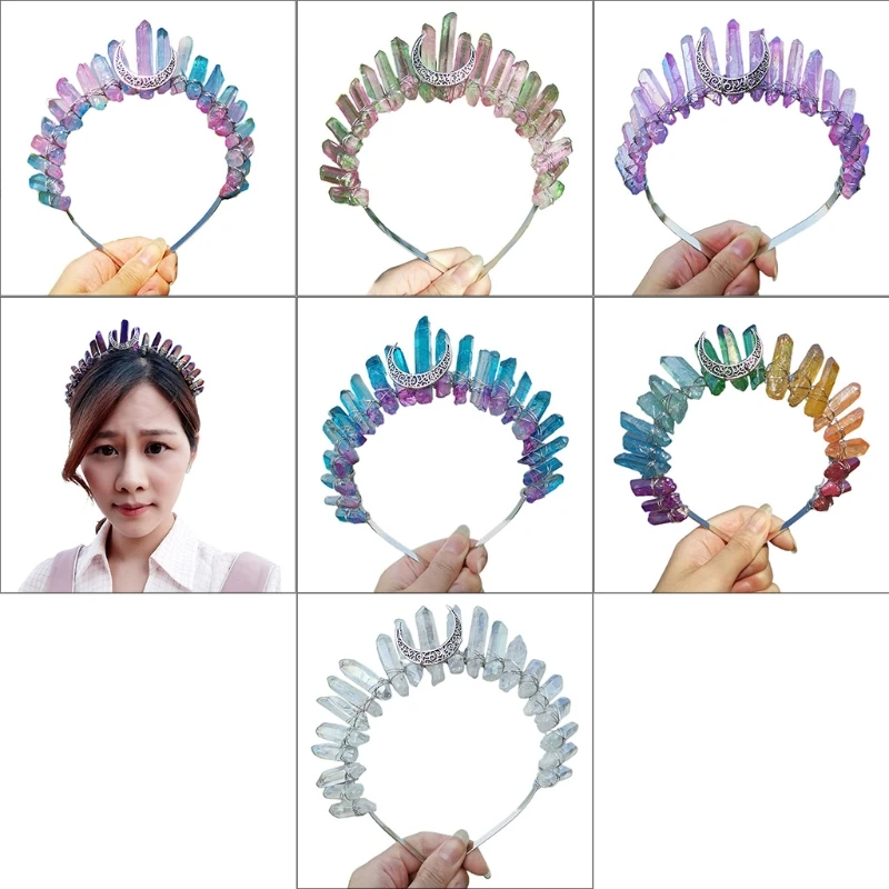 

Romantic Colorful Jewelry Tiara Crown Rainbow Raw Quartz Crystal Headband Ethnic Antique Crescent Moon Metal Hair Hoop