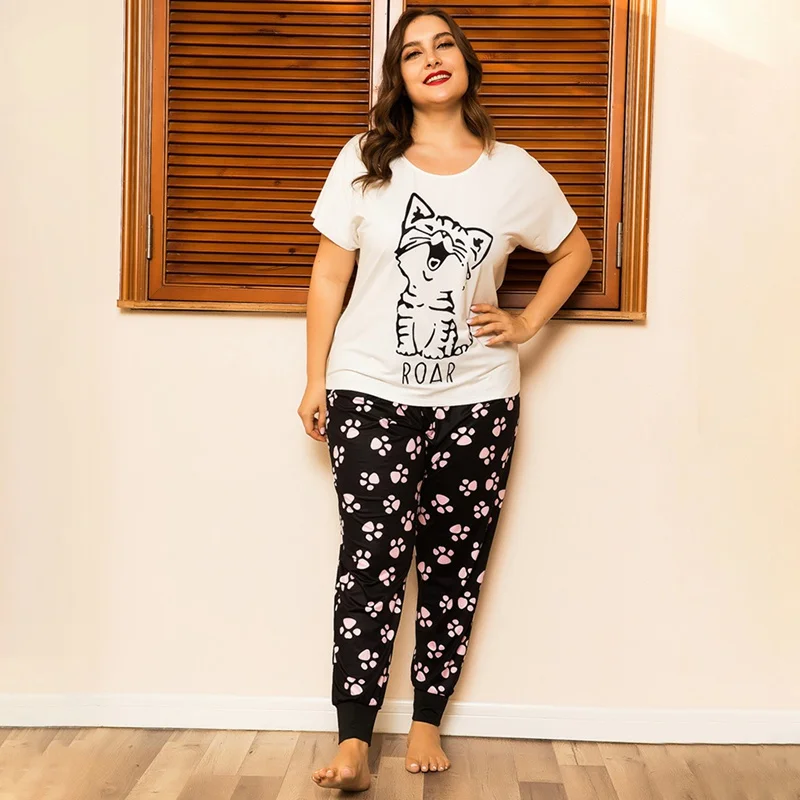 

Large Size Sleepwear For Women Cute Cat Print T-Shirt+Long Trousers Homewear Two Pieces Suit Nightwear Pajamas Set Plus Size