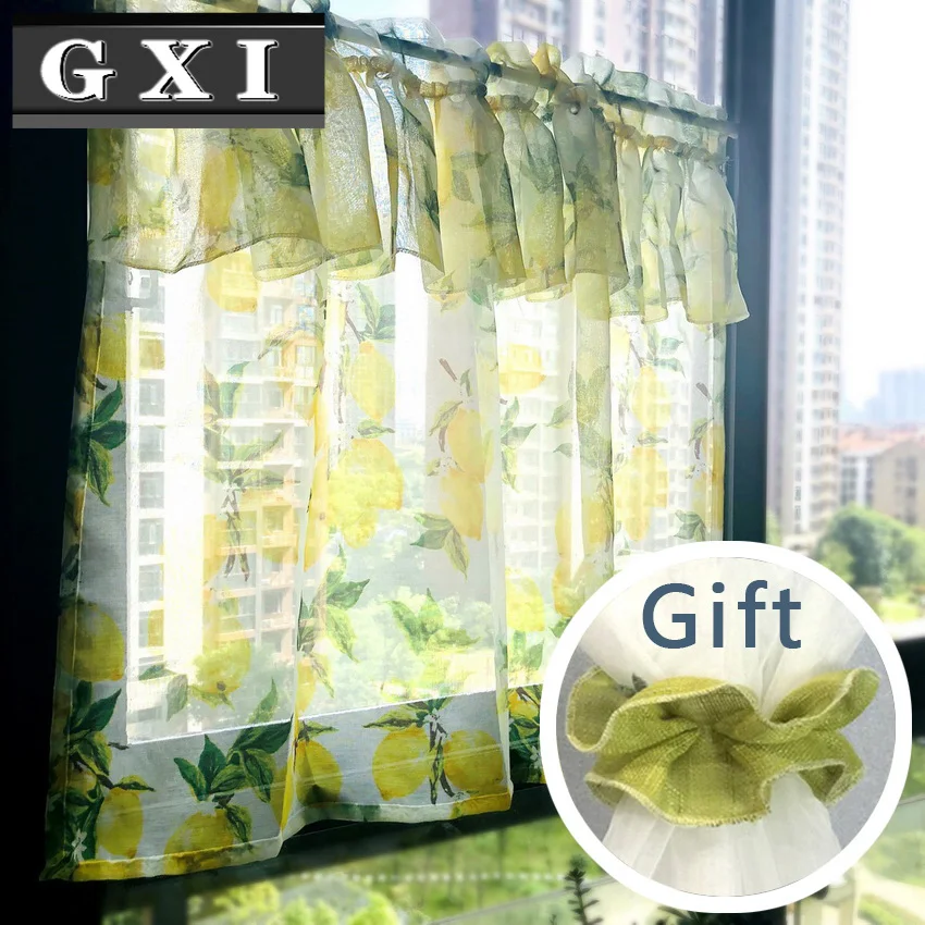 

Yellow Lemon Half Curtain Double Layer Pleated Sheer Tulle Small Window Short Drapes Bow Tie for Kitchen Door Partition Finished