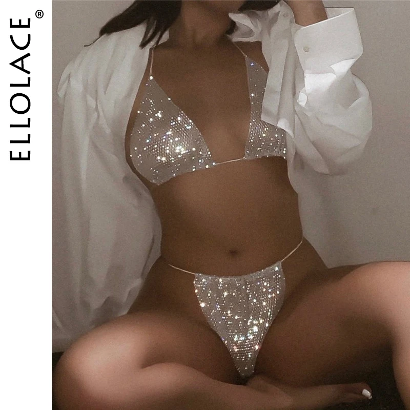 Ellolace Bling Rhinestones Fishnet Bikini Women Halter Bra Sexy Panty 2 Piece Outfits Lady Lingerie Set Swimwear | Женская одежда