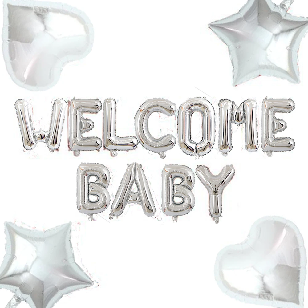 1set 16inch welcome baby letter balloons banner bunting with 18inch star heart balloons baby shower birthday party decorations free global shipping