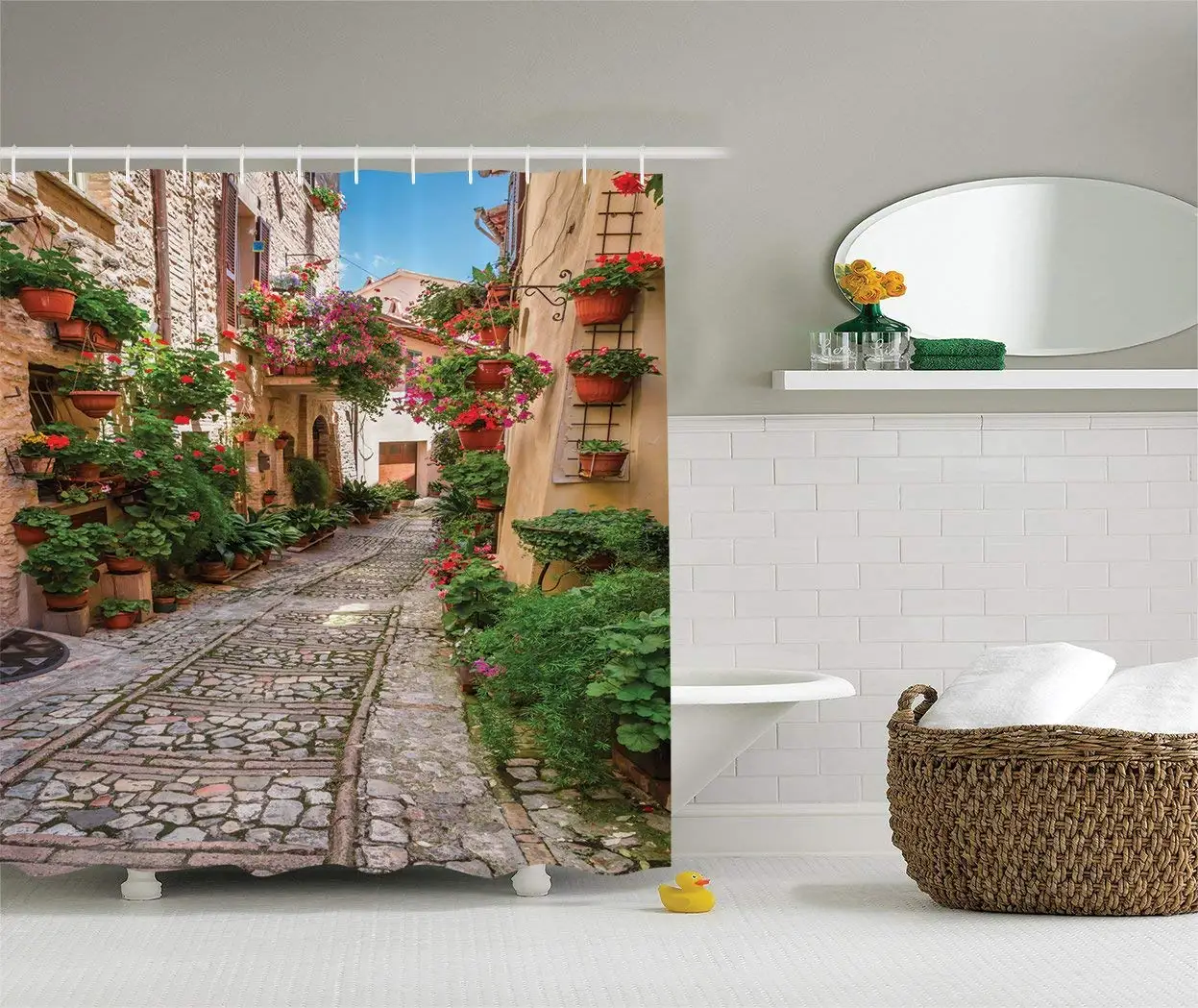 

Tuscan Decor Shower Curtain Mediterranean Street with Houses In Italian City Rural Culture Print Fabric Bathroom Set with Hooks