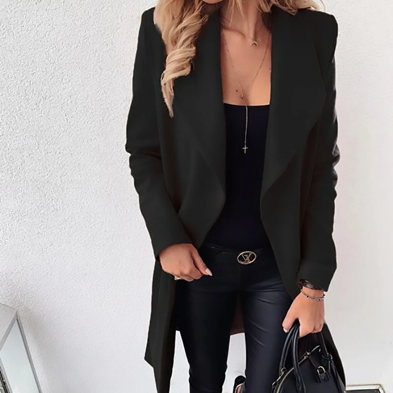 

S-3XL 2020 осень-зима модный кардиган для женщин с длинным рукавом Однотонная одежда черный Шерстяное пальто Зимние куртки с отложным воротнико...