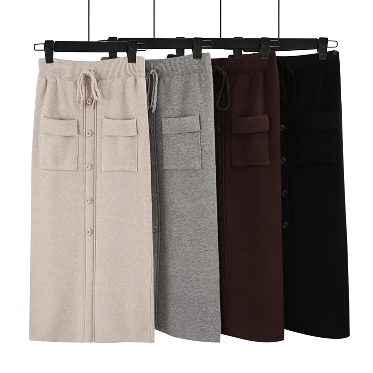 

HLBCBG Women Elastic Waist Drawstring Skirts Knitted Medium Long Skirts Autumn Winter Midi Tutu Skirt With Pocket & Button 2019