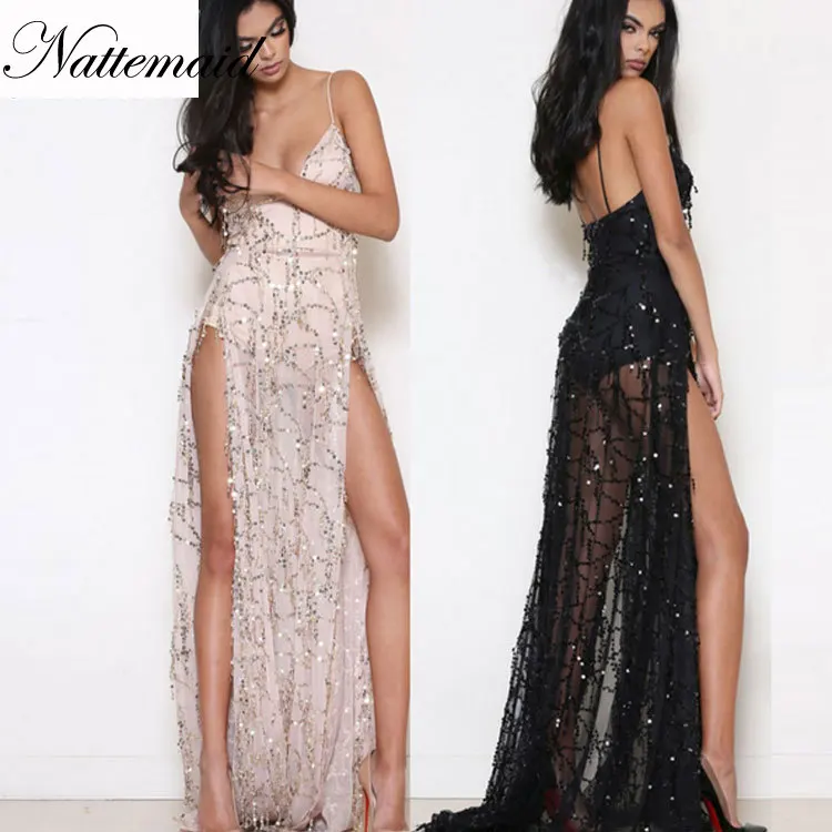 Женское длинное платье Nattemaid расшитое блестками с v образным вырезом и открытой