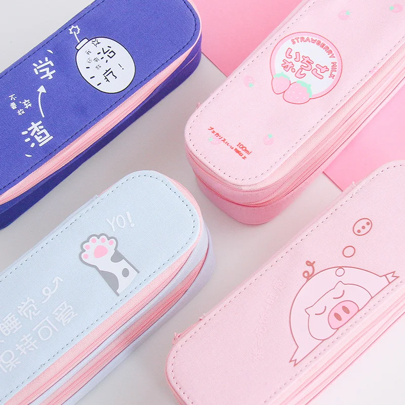 Двойной Слои холст большой Карандаш Чехол розовый школьный пенал для карандашей