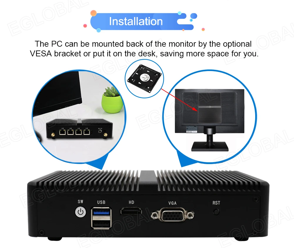 Фрезерный экран мини-ПК Intel J1900 настольный компьютер 4 * WGI211AT Gigabit RJ45 Lan 1 COM