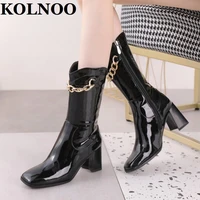kolnoo 2022 new style handmade womens chunky heels boots patent leather chain deco motorcycle boots sexy evening fashion shoes